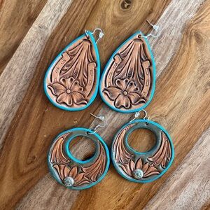 Leather Tooled Turquoise Floral Earrings Set